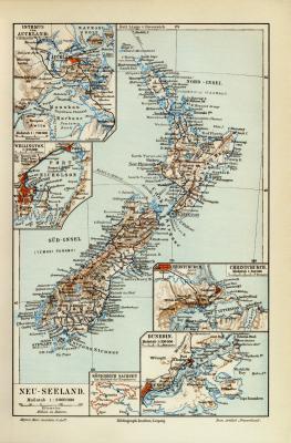 Neuseeland Christchurch Dunedin Wellington Auckland historische Landkarte Lithographie ca. 1906