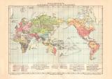 Welt Verbreitung der Sprachenst&auml;mme historische Landkarte Lithographie ca. 1907