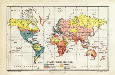 Welt Staatsformen historische Landkarte Lithographie ca. 1907