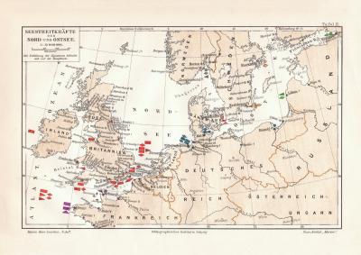 Seestreitkr&auml;fte Nordsee &amp; Ostsee historische Landkarte Lithographie ca. 1906