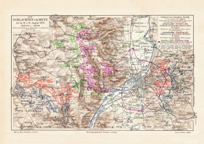 Schlachten um Metz historische Landkarte Lithographie ca. 1906