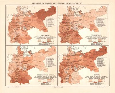 Krankheiten in Deutschland historische Landkarte Lithographie ca. 1905
