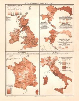 Kriminalstatistik Deutsches Reich II. historische Landkarte Lithographie ca. 1907