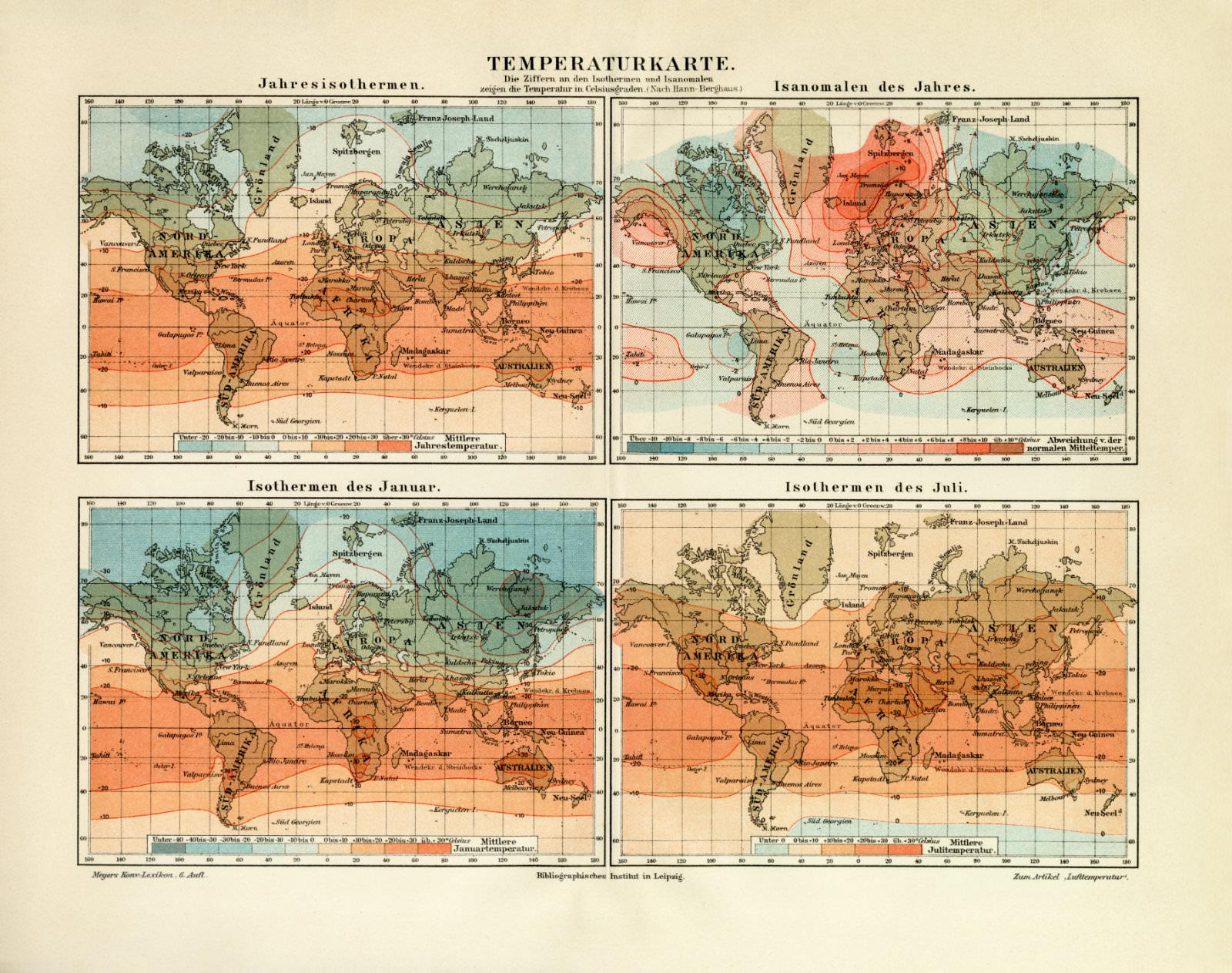 Isothermen Isanomalen Temperaturkarte M4 Alte historische Landkarte 1890 