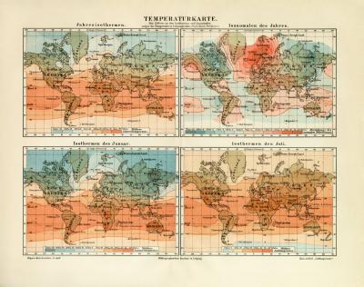 Welt Temperatur Isothermen Isanomalen historische Landkarte Lithographie ca. 1905