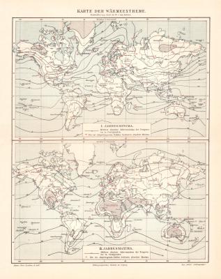 Wärmeextreme historische Landkarte Lithographie ca. 1905