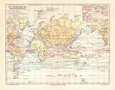 Str&ouml;mungen der Meeresoberfl&auml;che historische Landkarte Lithographie ca. 1906