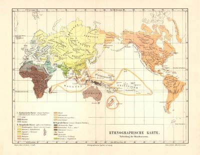 Ethnographie Verbreitung der Menschenrassen historische Landkarte Lithographie ca. 1906