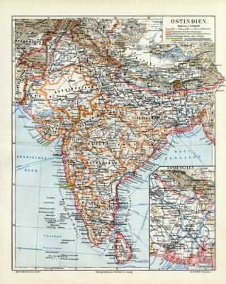 Ostindien historische Landkarte Lithographie ca. 1906