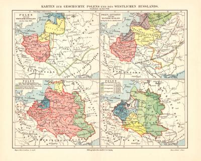 Polen Westliches Russland Geschichte historische Landkarte Lithographie ca. 1907