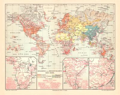 Welt Religion Missionierung historische Landkarte Lithographie ca. 1907