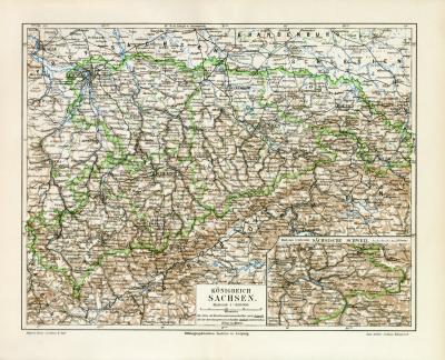 K&ouml;nigreich Sachsen historische Landkarte Lithographie ca. 1907