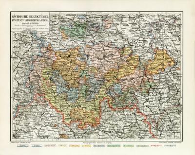 S&auml;chsische Herzogt&uuml;mer historische Landkarte Lithographie ca. 1907
