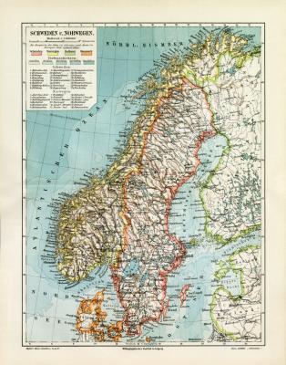 Schweden & Norwegen historische Landkarte Lithographie ca. 1907
