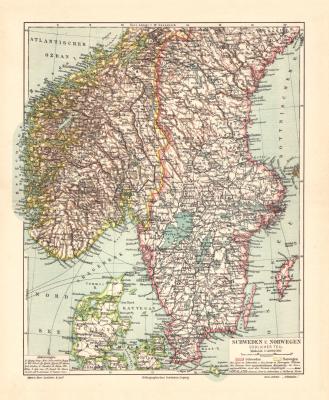 Schweden und Norwegen S&uuml;dlicher Teil historische Landkarte Lithographie ca. 1907