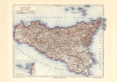 Sizilien historische Landkarte Lithographie ca. 1907