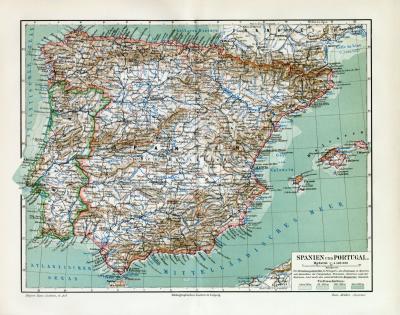 Spanien &amp; Portugal historische Landkarte Lithographie ca. 1907