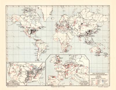 Wichtigste Mineralfundst&auml;tten der Erde I. historische Landkarte Lithographie ca. 1907