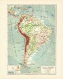 Südamerika Fluß & Gebirge historische Landkarte Lithographie ca. 1908