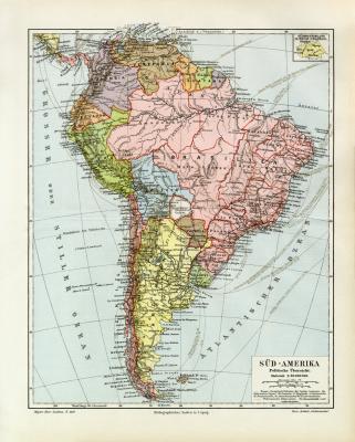 S&uuml;damerika Politische &Uuml;bersicht historische Landkarte Lithographie ca. 1908