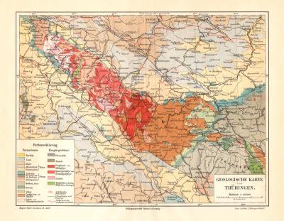 Th&uuml;ringen Geologie historische Landkarte Lithographie ca. 1908