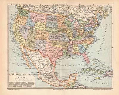Vereinigte Staaten und Mexiko historische Landkarte Lithographie ca. 1908