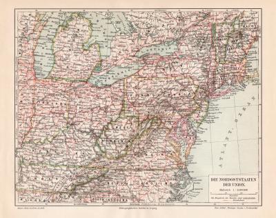 Vereinigte Staaten Nordoststaaten der Union historische Landkarte Lithographie ca. 1908