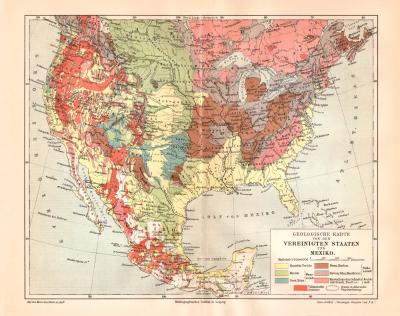 Vereinigte Staaten Geologie historische Landkarte Lithographie ca. 1908