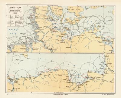 Leuchtfeuer Nordsee Ostsee historische Landkarte Lithographie ca. 1905