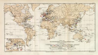 Weltkarte Seestreitkr&auml;fte &amp; Flottenst&uuml;tzpunkte historische Landkarte Lithographie ca. 1905