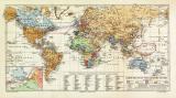 Welt Telegraphen Netz historische Landkarte Lithographie ca. 1908