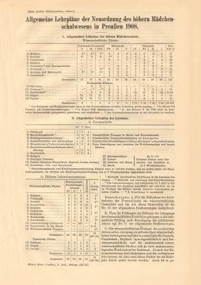 Allgemeine Lehrplände Mädchenschulwesen Preußen 1908 historischer Buchdruck ca. 1909