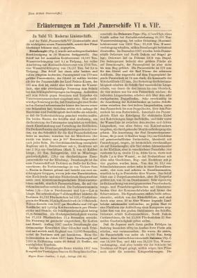Erläuterungen zur Tafel Panzerschiffe VI. - VII. historischer Buchdruck ca. 1909