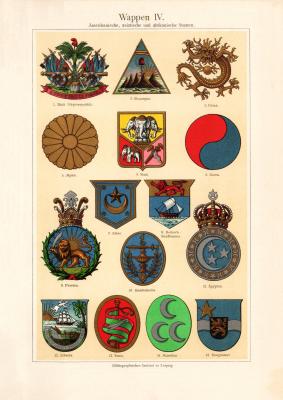Wappen IV. Amerika Asien Afrika historischer Druck Chromolithographie ca. 1908