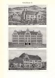 Schulhäuser I. - II. historischer Druck Holzstich ca. 1909
