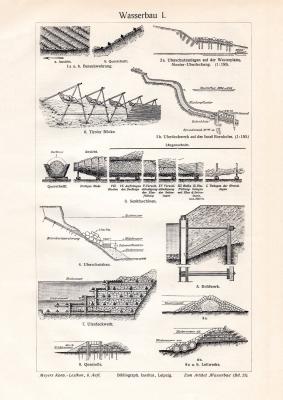 Wasserbau I. - II. historischer Druck Holzstich ca. 1912