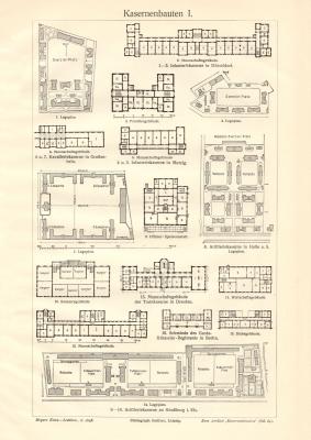 Kasernenbauten I. - II. historischer Druck Holzstich ca. 1913