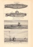 Unterseeboote historischer Druck Holzstich ca. 1909