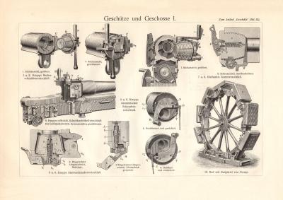 Geschütze und Geschosse I. - II. historischer Druck Holzstich ca. 1910