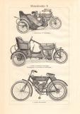 Motorfahrr&auml;der I. + II. historischer Druck Holzstich ca. 1909