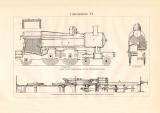 Lokomotiven V. + VI. historischer Druck Holzstich ca. 1909