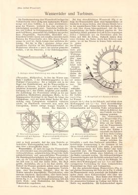 Wasserr&auml;der &amp; Turbinen I. - II. historischer Druck Holzstich ca. 1908