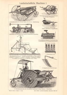 Landwirtschaftliche Maschinen I. - II. historischer Druck Holzstich ca. 1912
