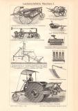 Landwirtschaftliche Maschinen I. - II. historischer Druck Holzstich ca. 1912