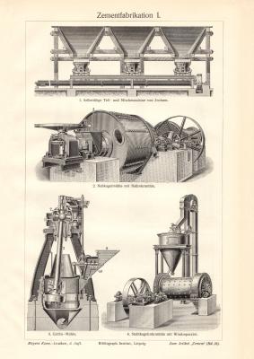 Zementfabrikation I. - II. historischer Druck Holzstich ca. 1913