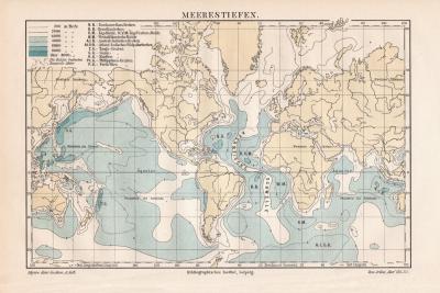Meerestiefen Welt historische Landkarte Lithographie ca. 1909