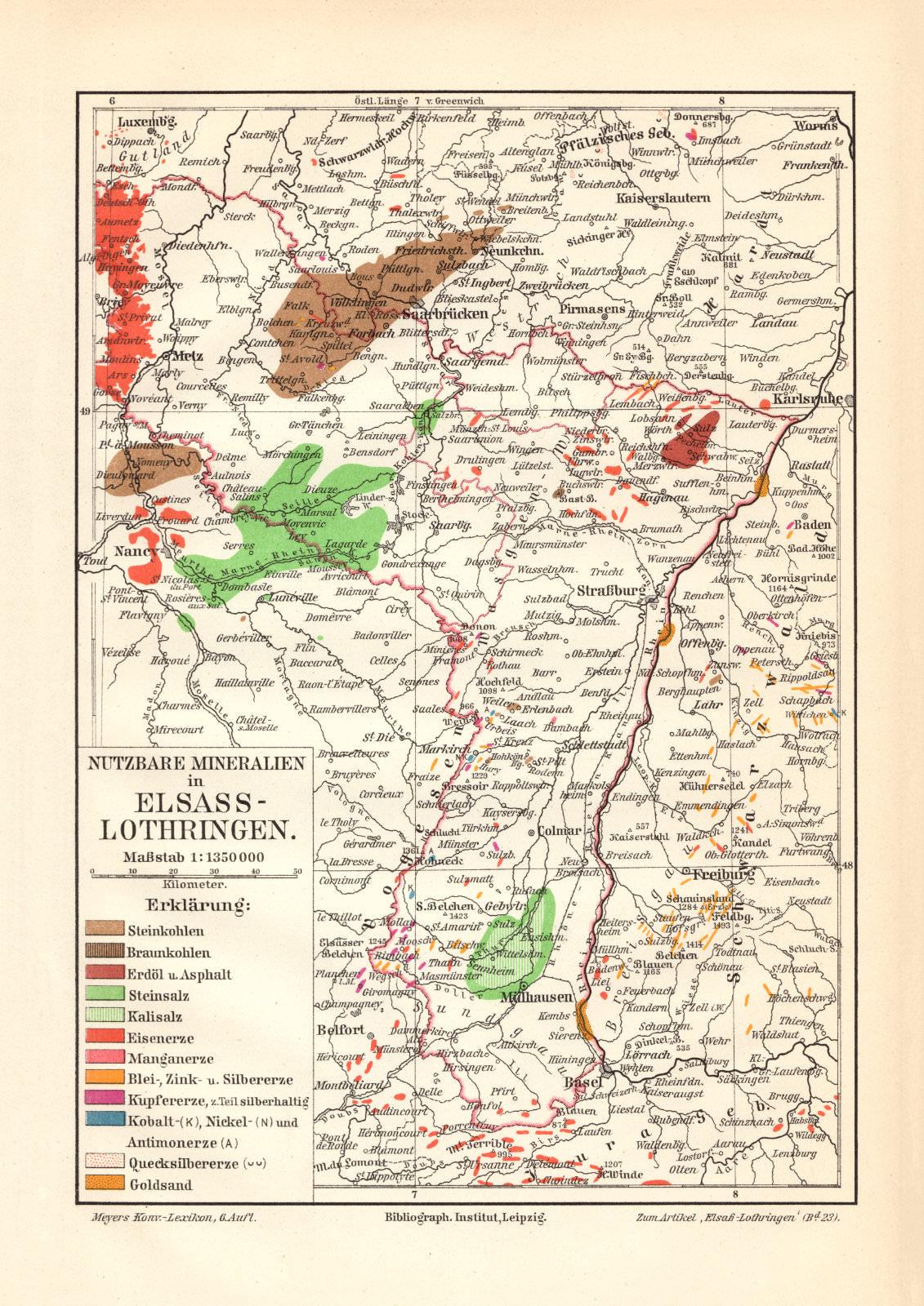 Rheinland Westfalen Nutzbare Mineralien antike Landkarte Lithographie ca 1910
