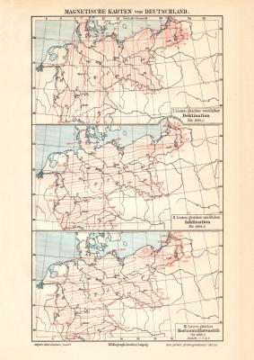 Deutschland Magnetismus historische Landkarte Lithographie ca. 1912