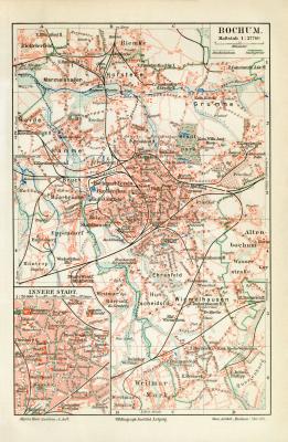 Bochum historischer Stadtplan Karte Lithographie ca. 1910