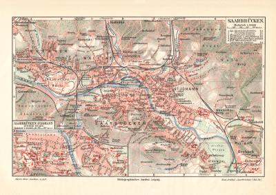 Saarbrücken historischer Stadtplan Karte Lithographie ca. 1913